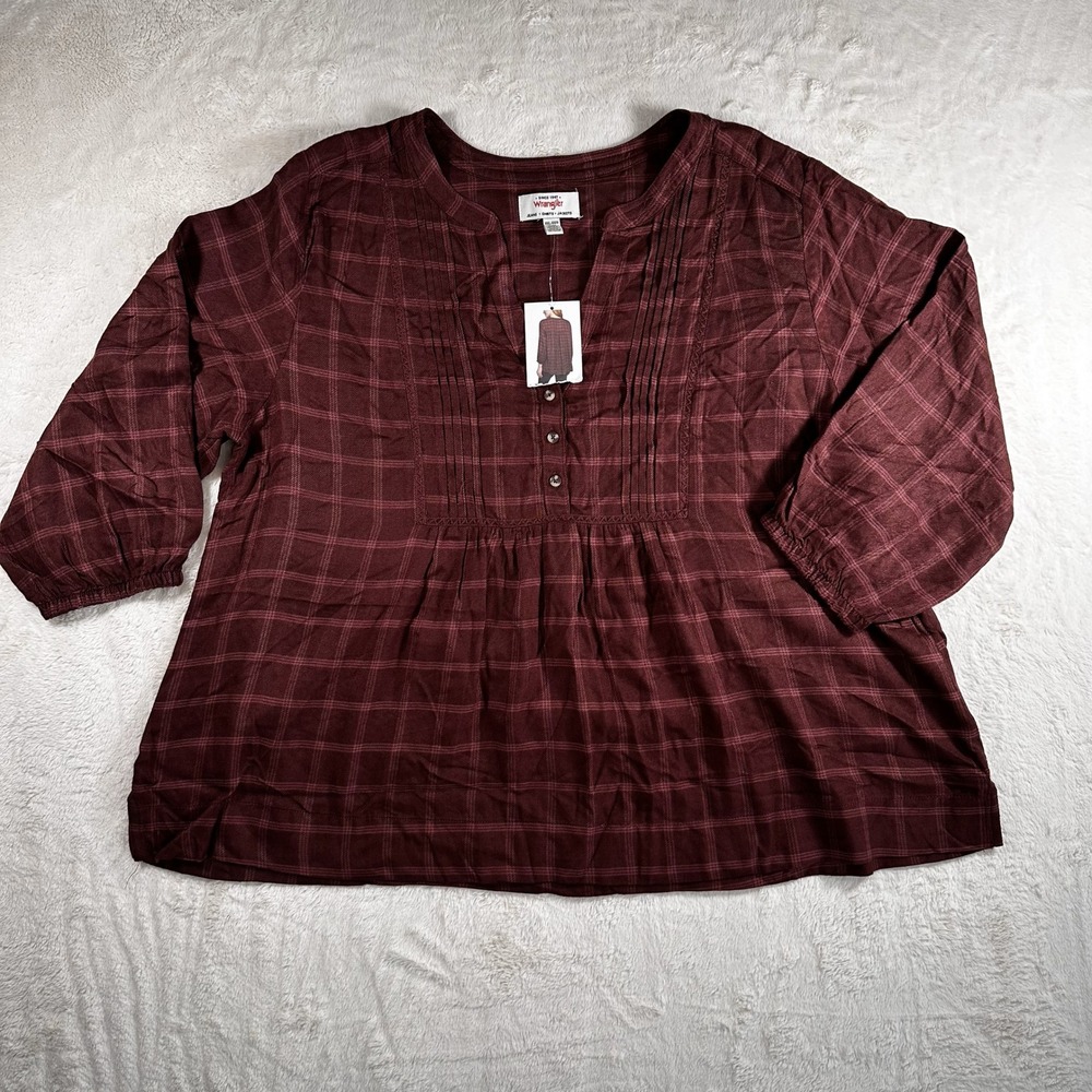 NWT Wrangler Plaid Tunic Top XXL Burgundy 3/4 Sleeve Button Front Pleated